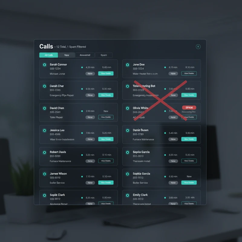 Dashboard showing a list of calls handled by AI assistant with spam filtering